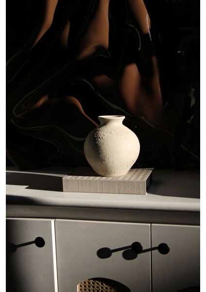 Ekru Dokulu El Yapımı Seramik Vazo Dekoratif Küçük Vazo