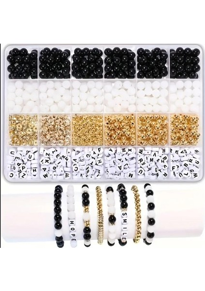 Siyah ve Beyaz Inci Harf Boncuk ve Ara Aparat Set Bileklik Kolye Takı Yapım Malzemeleri 150