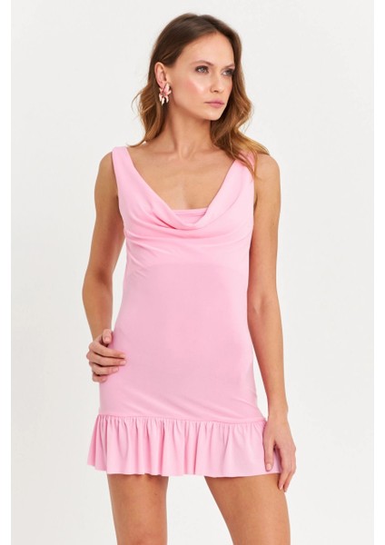 Kadın Pembe Degaje Yaka Mini Elbise HOR0078