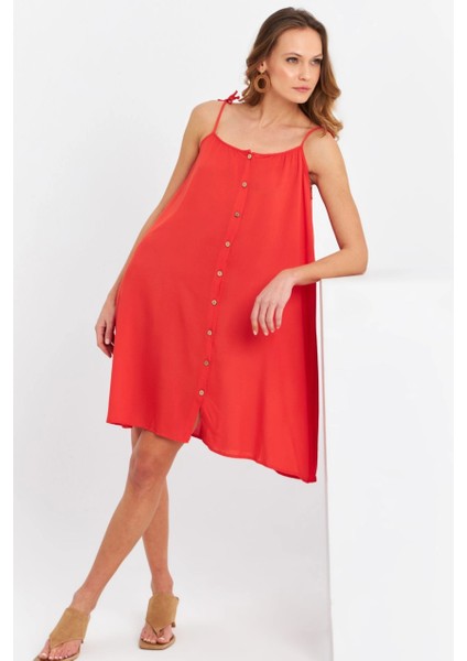 Kadın Kırmızı Düğmeli Mini Elbise PC20655