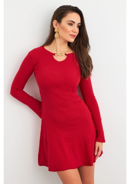 Kadın Kırmızı Yakası Aksesuarlı Mini Elbise FRY2267 modelleri