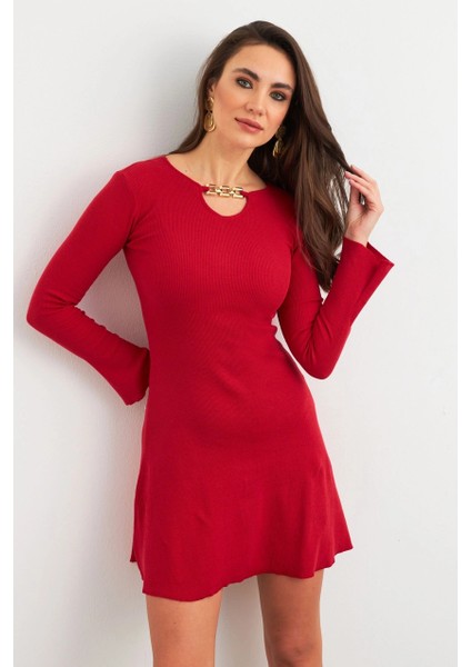 Kadın Kırmızı Yakası Aksesuarlı Mini Elbise FRY2267 indirimleri