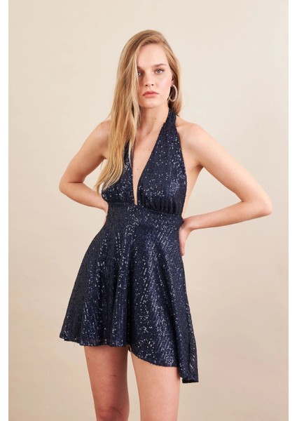 Kadın Lacivert Sırtı Açık Payetli Astarlı Mini Elbise DCF046 modelleri