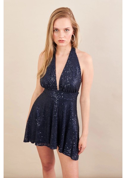 Kadın Lacivert Sırtı Açık Payetli Astarlı Mini Elbise DCF046 fırsatları