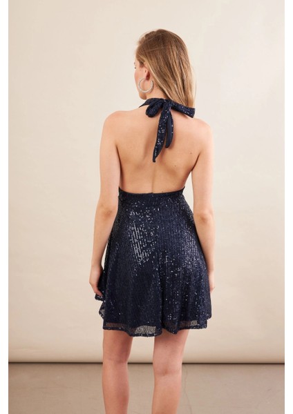 Kadın Lacivert Sırtı Açık Payetli Astarlı Mini Elbise DCF046 indirimleri