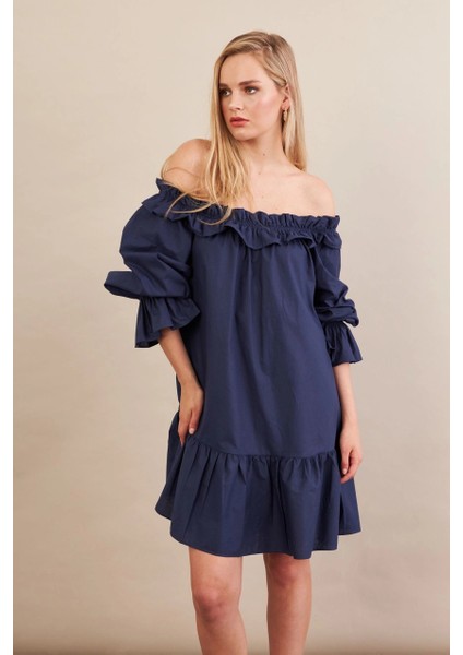 Kadın Lacivert Madonna Yaka Midi Elbise PSG1012