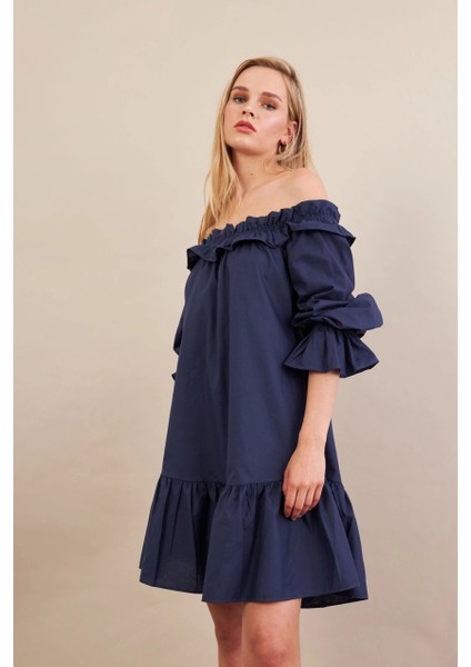 Kadın Lacivert Madonna Yaka Midi Elbise PSG1012 modelleri