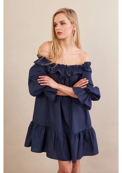 Kadın Lacivert Madonna Yaka Midi Elbise PSG1012 fırsatları