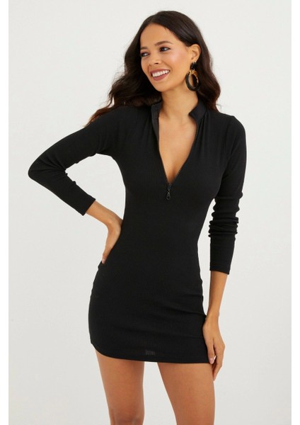 Kadın Siyah Önü Fermuarlı Kaşkorse Mini Elbise CG212 modelleri