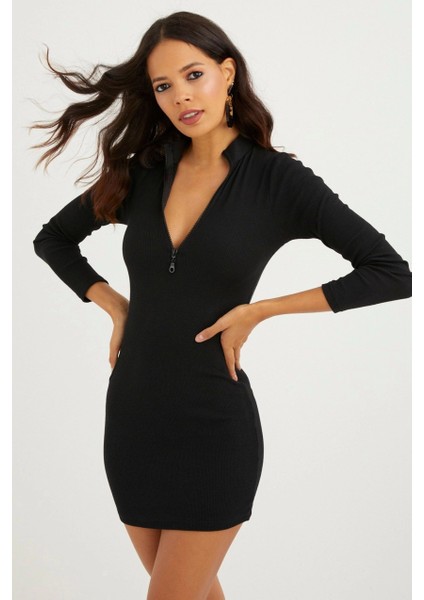 Kadın Siyah Önü Fermuarlı Kaşkorse Mini Elbise CG212 fırsatları
