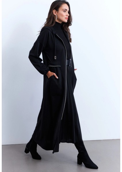 Kadın Siyah Fermuarlı Taşlı Sweat Elbise MASF21