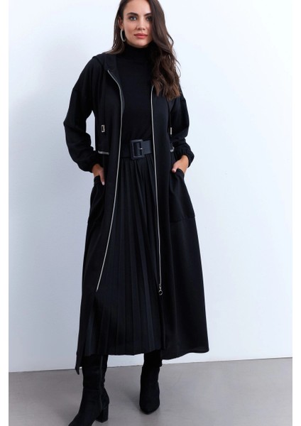 Kadın Siyah Fermuarlı Taşlı Sweat Elbise MASF21 indirimleri