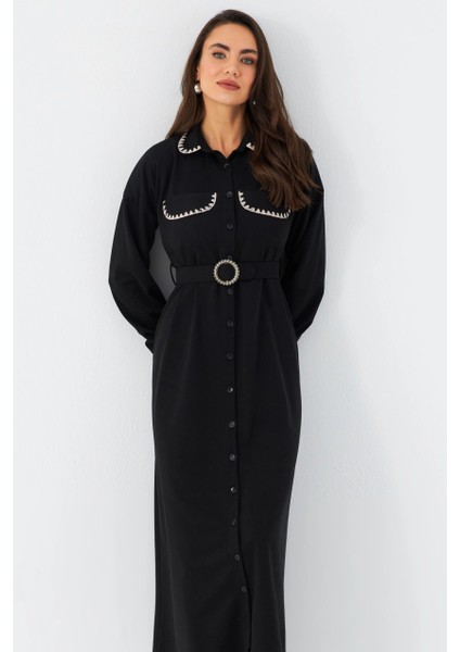 Kadın Siyah Kemerli Maxi Gömlek Elbise MASF17