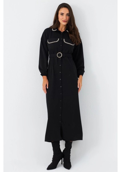 Kadın Siyah Kemerli Maxi Gömlek Elbise MASF17 fiyatları