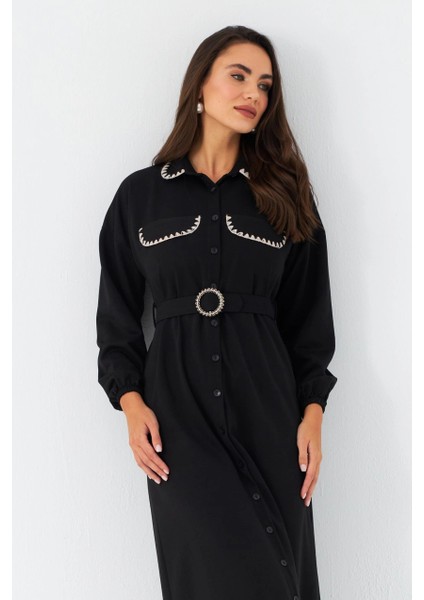 Kadın Siyah Kemerli Maxi Gömlek Elbise MASF17 fırsatları