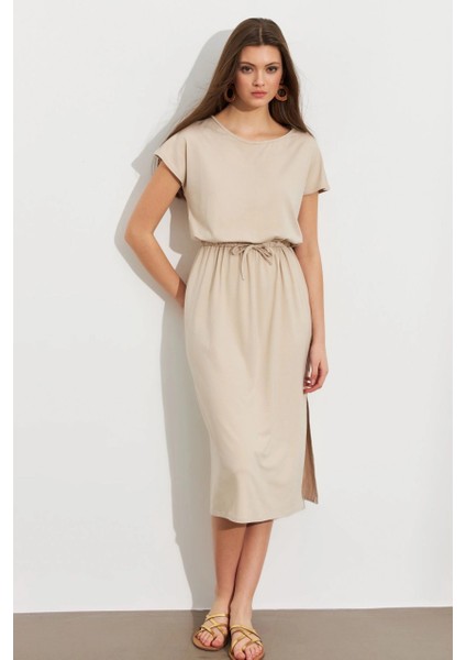 Kadın Taş Beli Büzülebilir Midi Elbise MURO1193