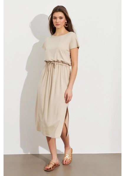 Kadın Taş Beli Büzülebilir Midi Elbise MURO1193 modelleri