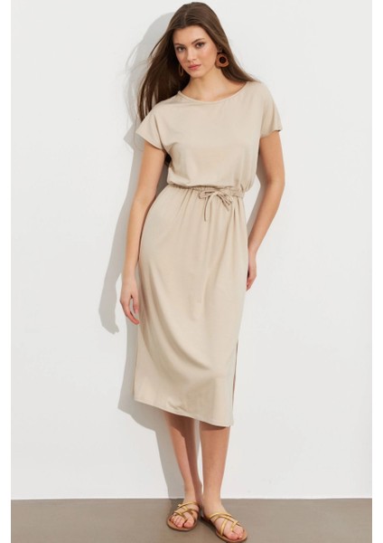 Kadın Taş Beli Büzülebilir Midi Elbise MURO1193 fırsatları