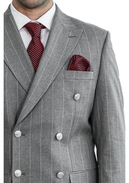 Çizgili Kruvaze Düğme Detaylı Gri Erkek Takım Elbise - Wessi fiyatları