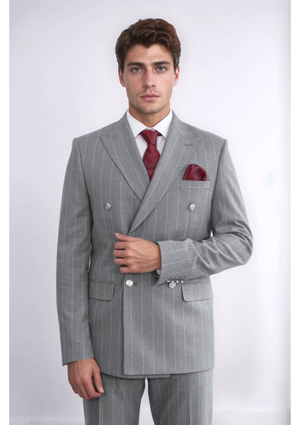 Çizgili Kruvaze Düğme Detaylı Gri Erkek Takım Elbise - Wessi modelleri
