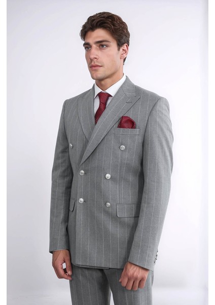 Çizgili Kruvaze Düğme Detaylı Gri Erkek Takım Elbise - Wessi indirimleri