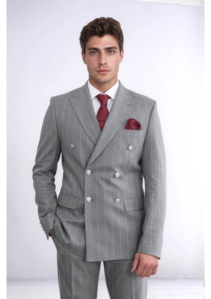 Çizgili Kruvaze Düğme Detaylı Gri Erkek Takım Elbise - Wessi