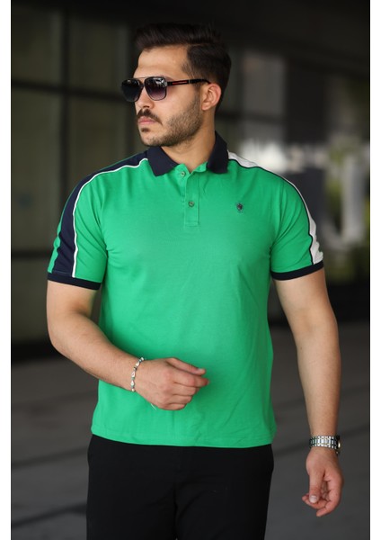 Erkek Polo Yaka Yeşil Şerit Detaylı Regular Fit Tişört - 2530