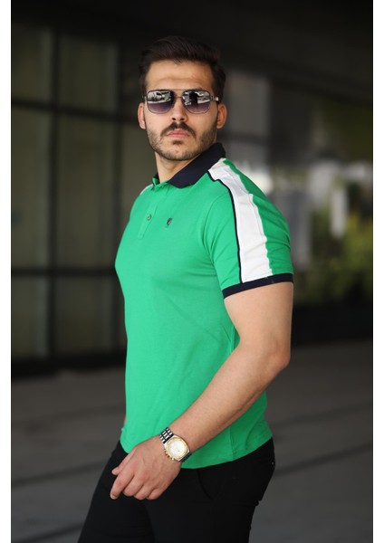 Erkek Polo Yaka Yeşil Şerit Detaylı Regular Fit Tişört - 2530 fiyatları