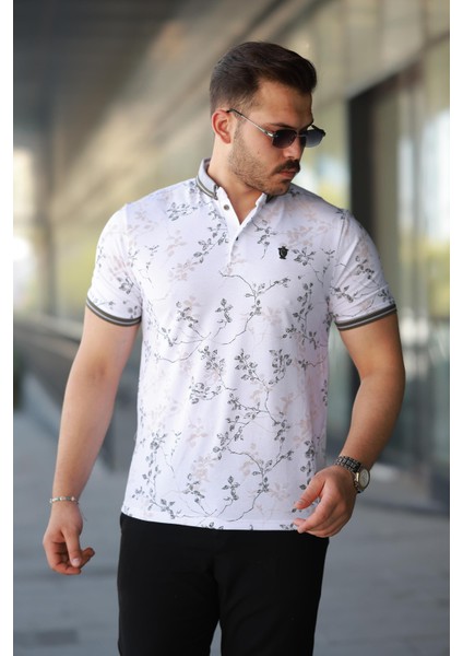 Erkek Beyaz Haki Yaprak Desenli Slim Fit Polo Yaka Tişört - 2529