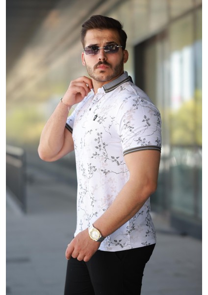 Erkek Beyaz Haki Yaprak Desenli Slim Fit Polo Yaka Tişört - 2529 fiyatları