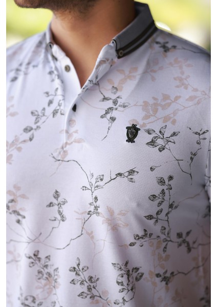 Erkek Beyaz Haki Yaprak Desenli Slim Fit Polo Yaka Tişört - 2529 modelleri