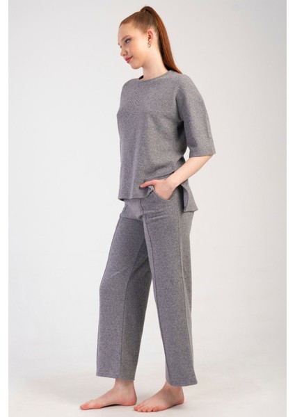 Kadın Jakarlı Interlok Büyük Beden Düşük Omuzlu Kısa Kol Nervurlu Pijama Takım , 501012