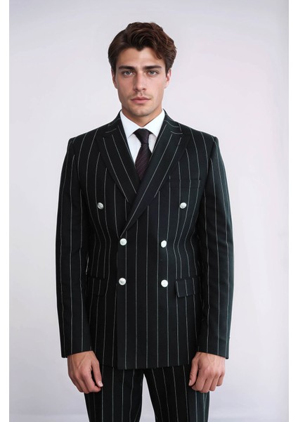 Çizgili Kruvaze Düğme Detaylı Siyah Erkek Takım Elbise - Wessi