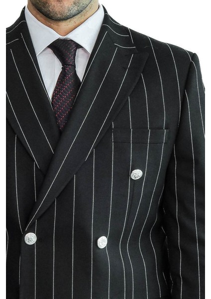 Çizgili Kruvaze Düğme Detaylı Siyah Erkek Takım Elbise - Wessi fiyatları