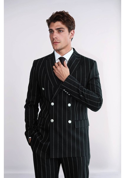 Çizgili Kruvaze Düğme Detaylı Siyah Erkek Takım Elbise - Wessi modelleri