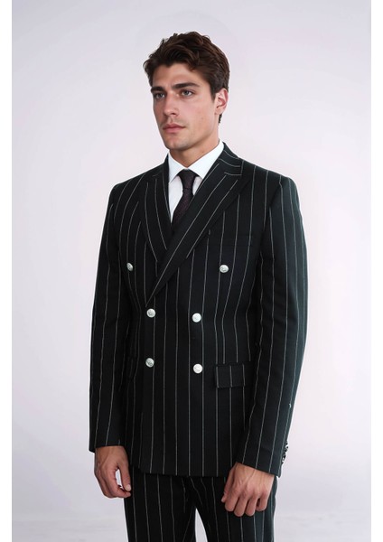 Çizgili Kruvaze Düğme Detaylı Siyah Erkek Takım Elbise - Wessi fırsatları