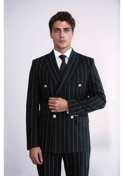 Çizgili Kruvaze Düğme Detaylı Siyah Erkek Takım Elbise - Wessi indirimleri