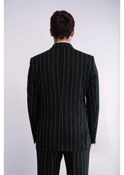 Çizgili Kruvaze Düğme Detaylı Siyah Erkek Takım Elbise - Wessi