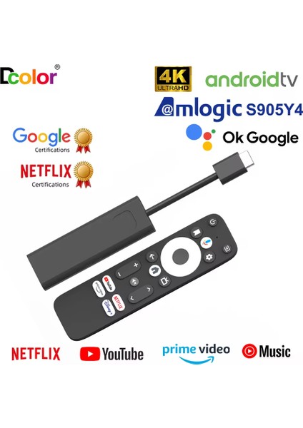Dcolor Gd1 4K Tv Stick Android 11™ 2GB+16GB Google Netflix L1 Sertifikalı Lisanslı Box Sesli Komut