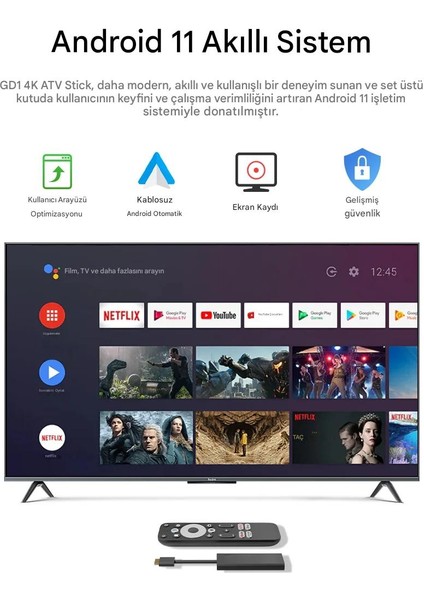 Dcolor Gd1 4K Tv Stick Android 11™ 2GB+16GB Google Netflix L1 Sertifikalı Lisanslı Box Sesli Komut