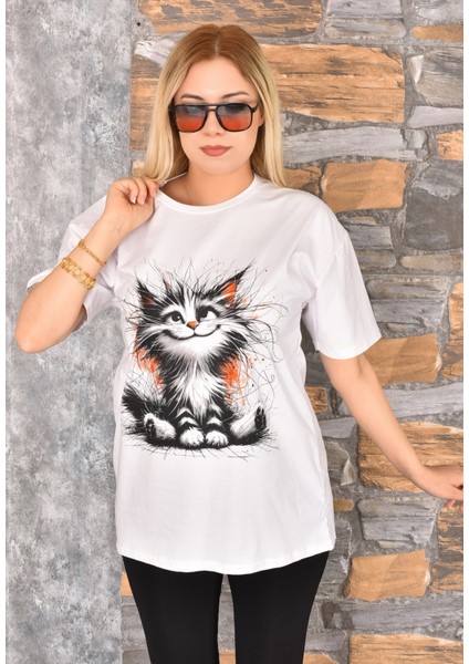 Kedi Baskılı Oversize Kadın T-Shirt Bisiklet Yaka