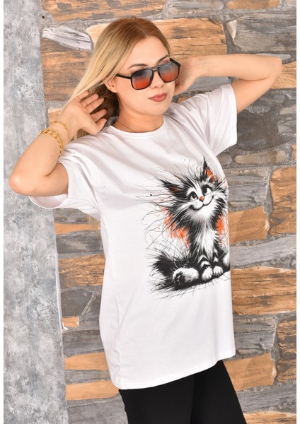 Kedi Baskılı Oversize Kadın T-Shirt Bisiklet Yaka fiyatları