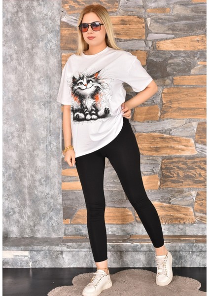 Kedi Baskılı Oversize Kadın T-Shirt Bisiklet Yaka modelleri
