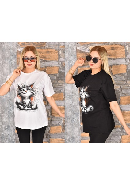 2 Adet Kedi Baskılı Oversize Kadın T-Shirt Bisiklet Yaka