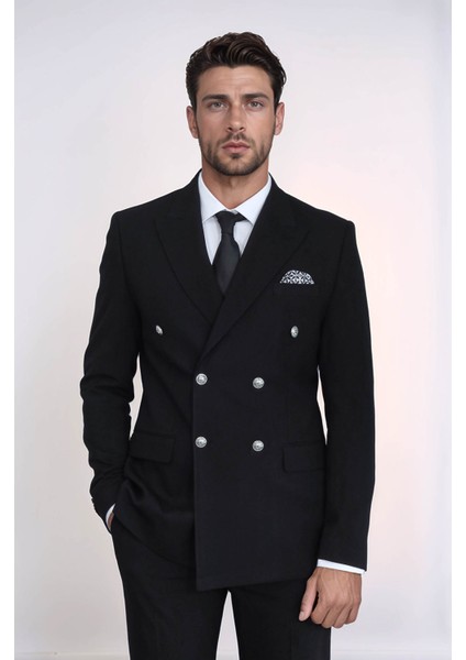 Gümüş Düğmeli Slim Fit Kruvaze Siyah Erkek Takım Elbise – Wessi