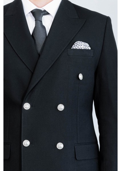 Gümüş Düğmeli Slim Fit Kruvaze Siyah Erkek Takım Elbise – Wessi fiyatları