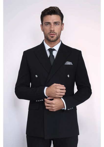 Gümüş Düğmeli Slim Fit Kruvaze Siyah Erkek Takım Elbise – Wessi modelleri