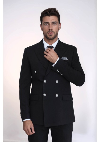 Gümüş Düğmeli Slim Fit Kruvaze Siyah Erkek Takım Elbise – Wessi fırsatları