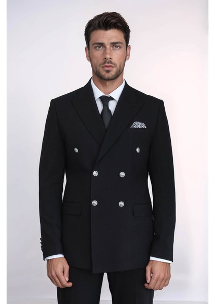 Gümüş Düğmeli Slim Fit Kruvaze Siyah Erkek Takım Elbise – Wessi indirimleri