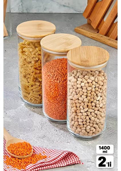 2 Adet Vakumlu Bambu Kapaklı Cam Kavanoz 1400ML Baharatlık Bakliyat Gıda Saklama Kabı Organizer